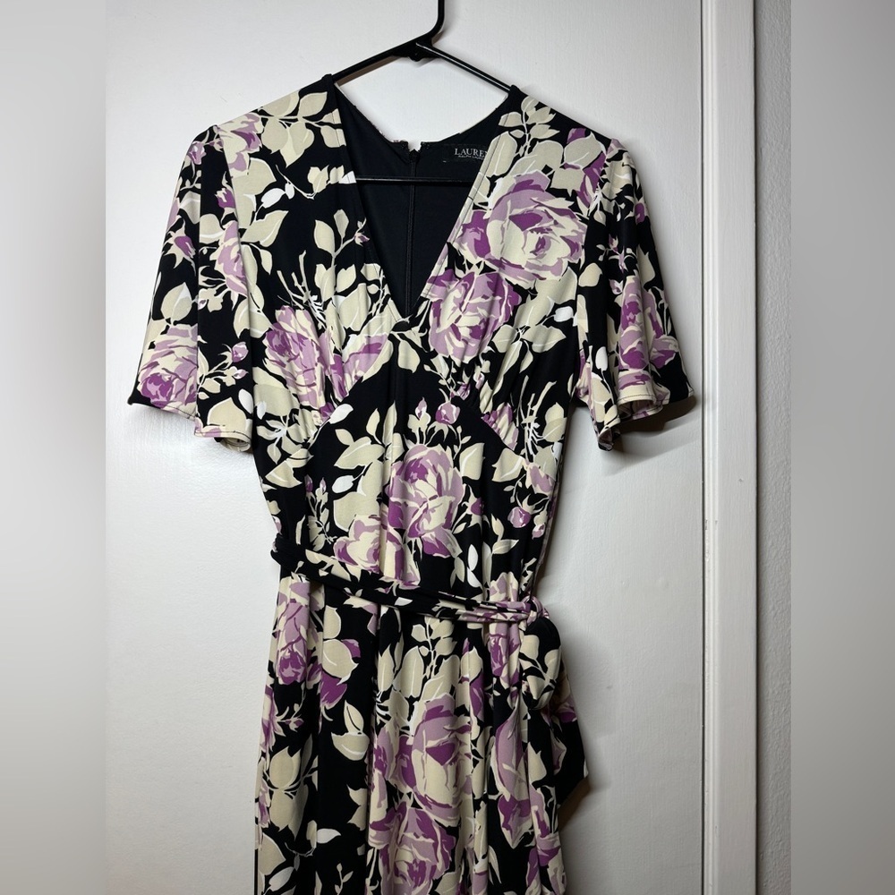 Lauren Ralph Lauren Floral Belted Faux Wrap Purple Cream Black Jersey Dress 4 - Picture 5 of 16